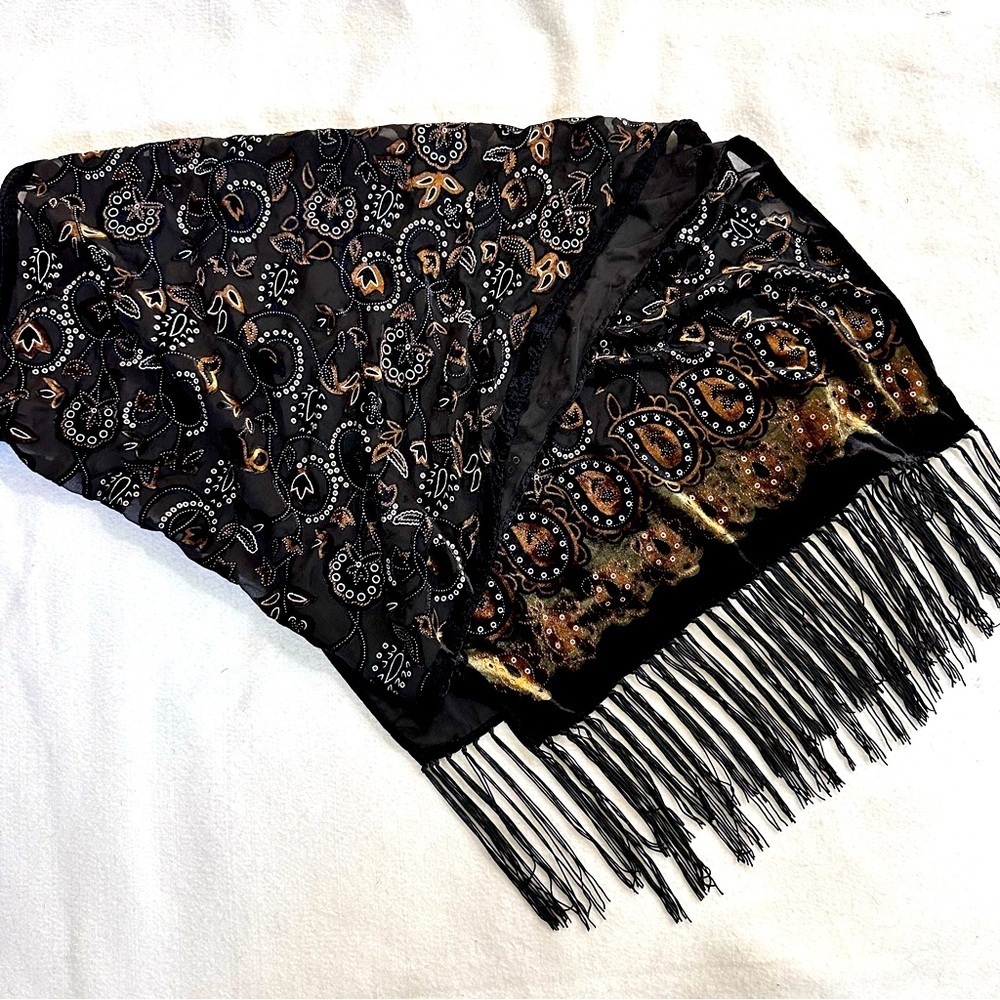 Velvet burn out long scarf, 6” fringe bronze & silver floral mantilla 72”x20”